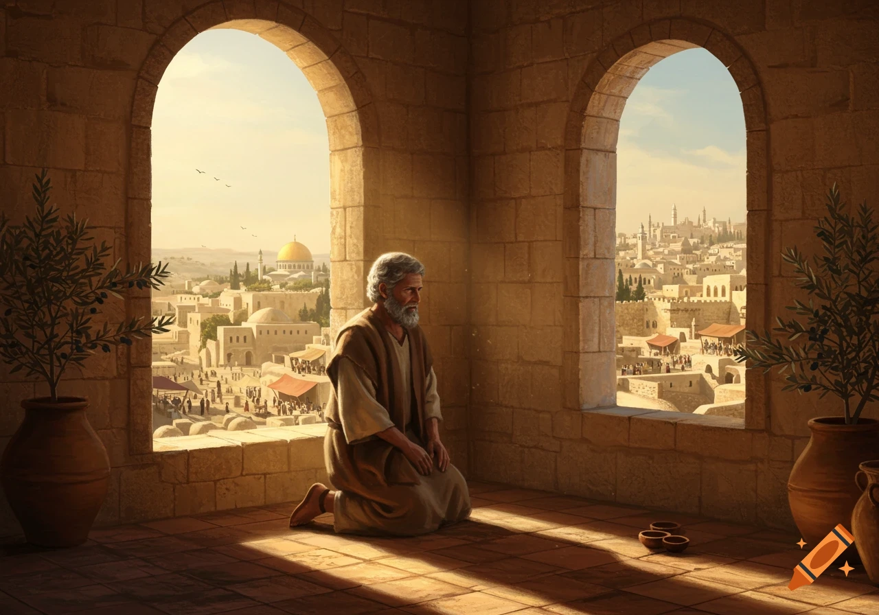 A man in simple clothes kneels and prays by an open window overlooking an ancient city under sunny skies.