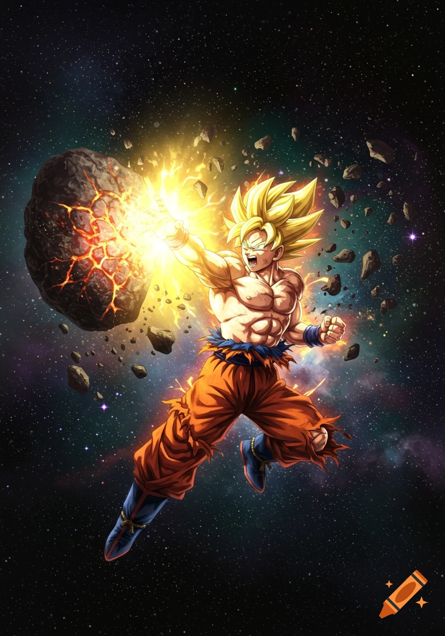 Goku, in his Super Saiyan form, blasts a meteor with a powerful yellow energy wave in space.