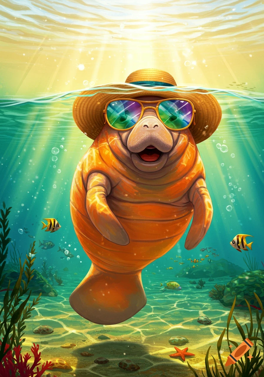 A happy orange cartoon manatee wearing a straw hat and sunglasses smiles underwater with fish and coral.