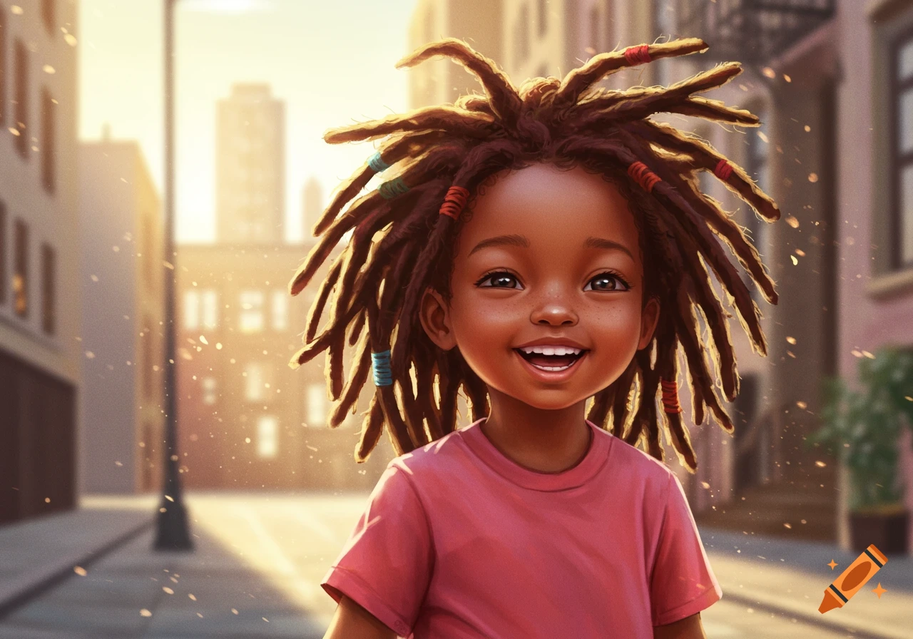 A smiling young Black child with dreadlocks and colorful beads in their hair, wearing a pink shirt, stands on a sunny street.