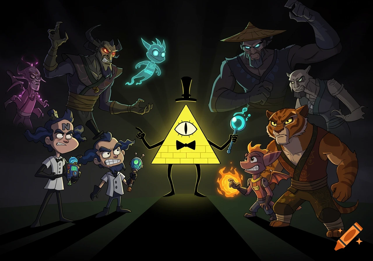 Bill Cipher stands at the center, glowing yellow, surrounded by various cartoon villains including Dr. Neo Cortex, Ripto, and Tai Lung in a graphic novel style.