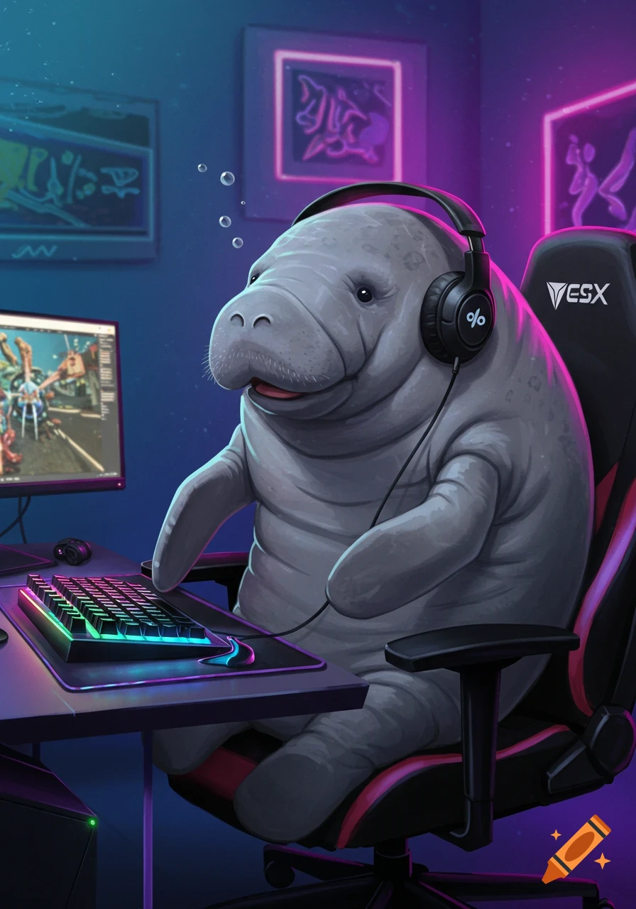 An illustration of a manatee wearing a headset and sitting in a gaming chair, playing a video game on a computer with RGB lights.