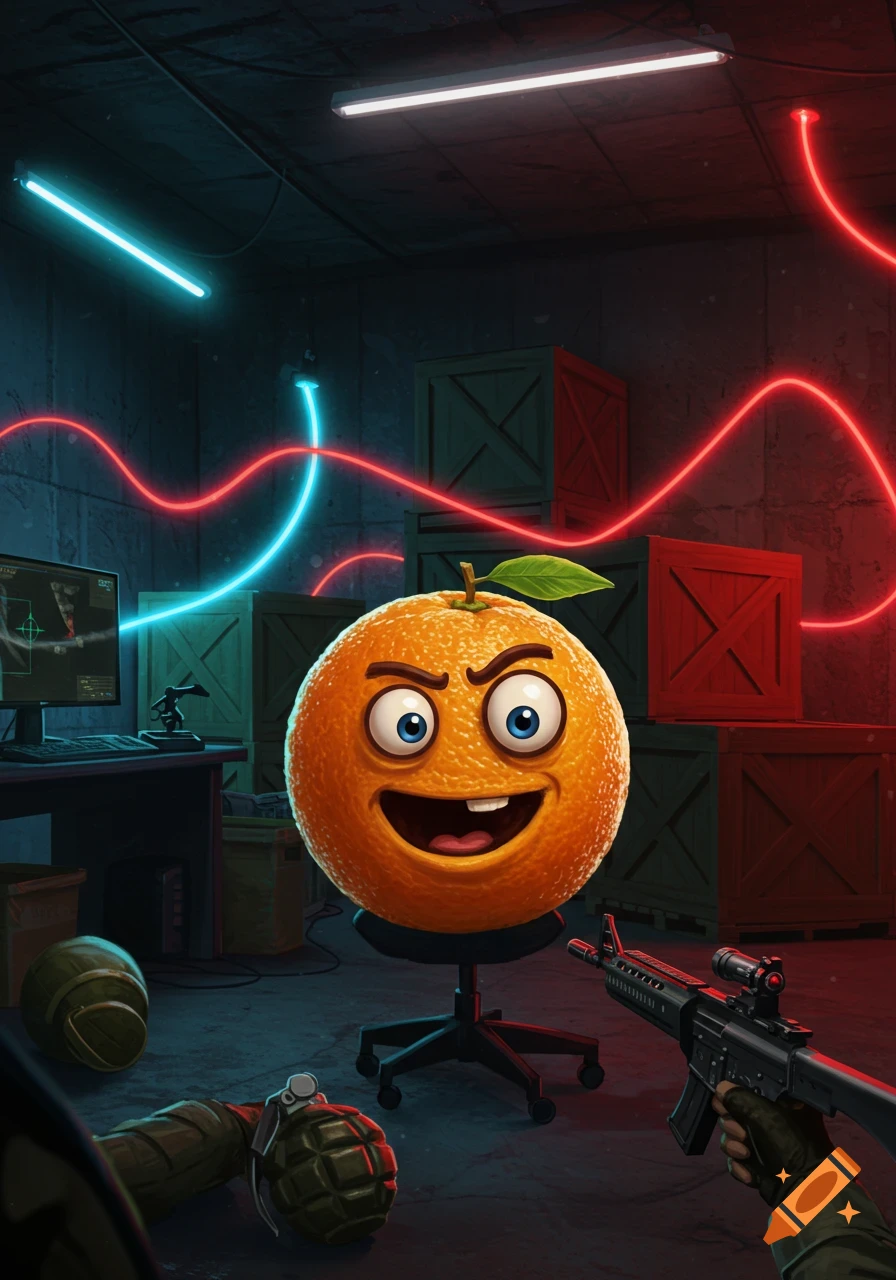 A mischievous Annoying Orange character sits in a dark, neon-lit room with wooden crates, grenades, and an assault rifle.