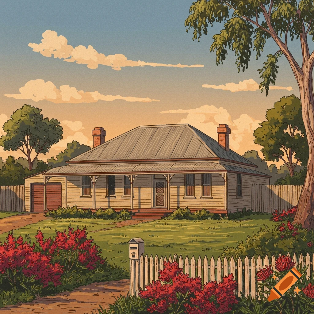 A charming illustrative house with a corrugated iron roof, white picket fence, and red flowers under a warm, cloudy sky.