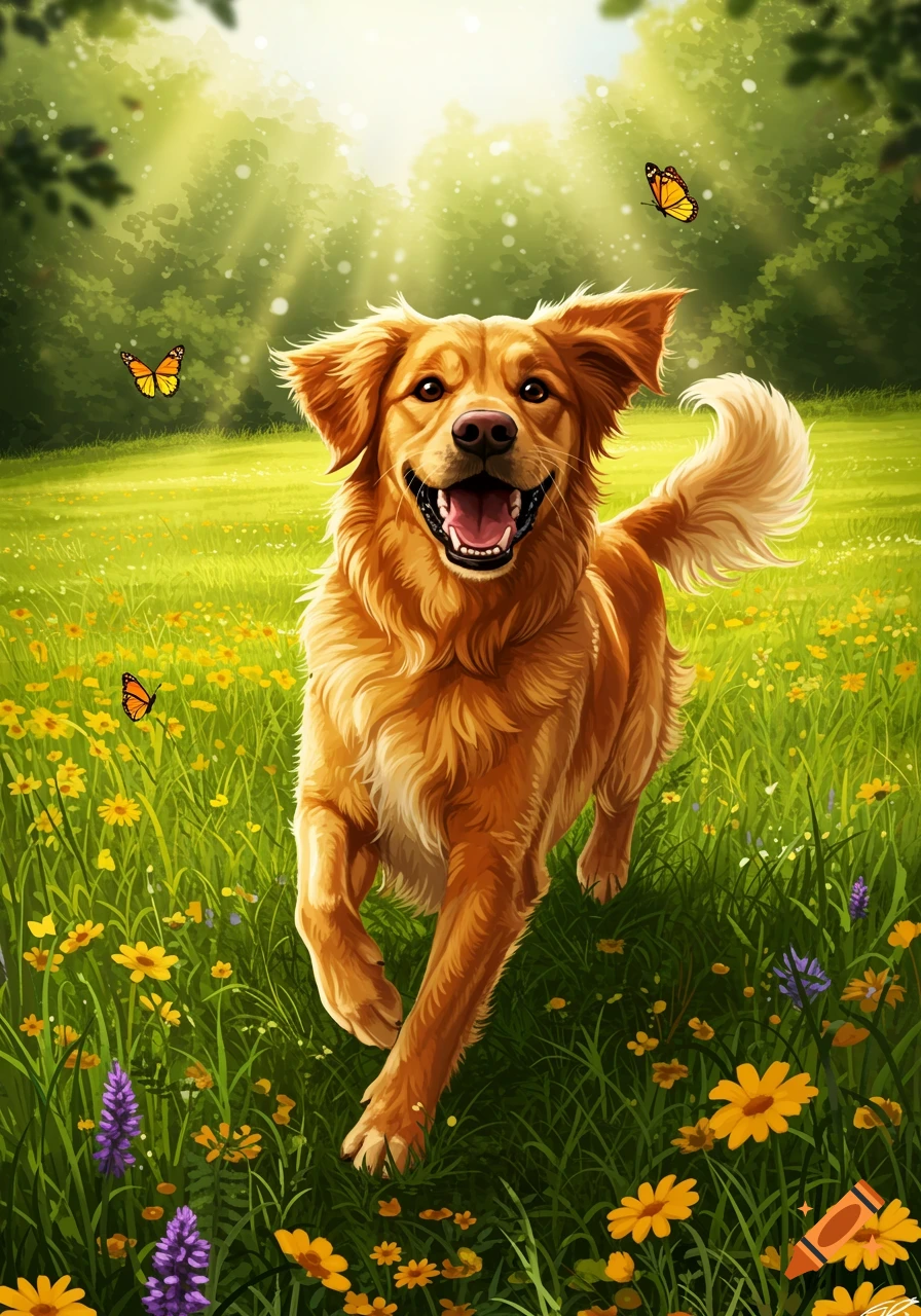 A happy golden retriever runs through a sunny field of yellow and purple wildflowers with butterflies.