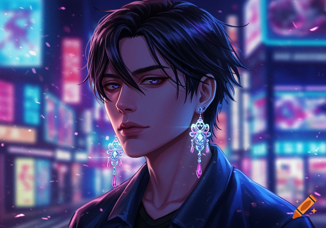 Anime-style portrait of a man with black hair and purple eyes, wearing ornate dangling earrings against a blurred neon city background.