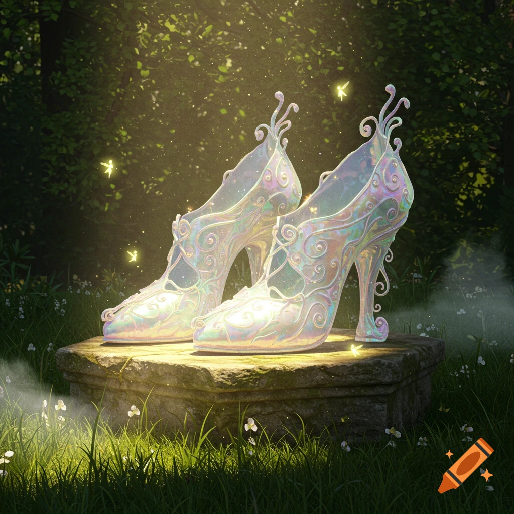 A pair of iridescent, ornate fantasy high heels sit on a mossy stone pedestal in a sunlit forest clearing, with glowing fireflies.