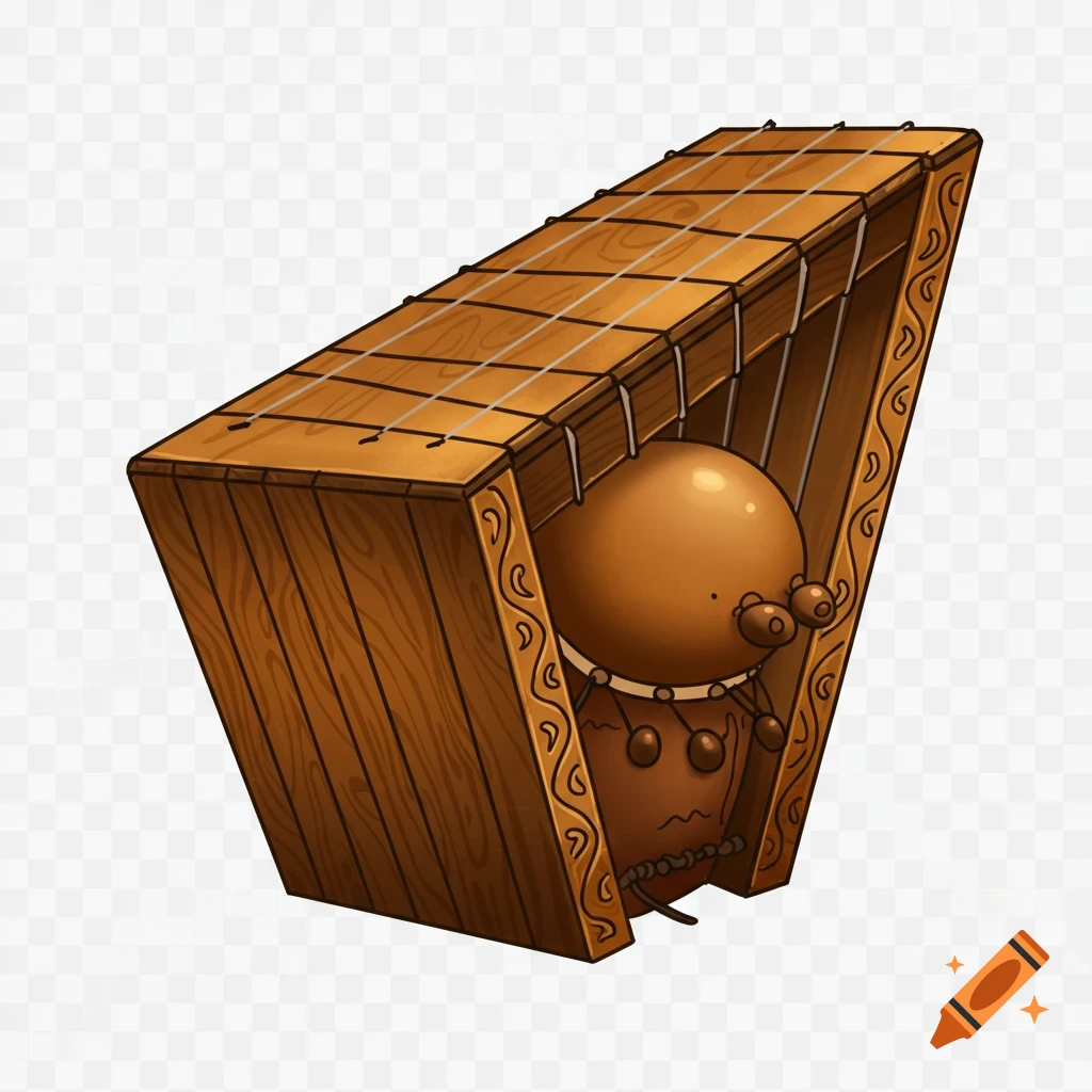 Cartoon illustration of a wooden balafon with a round, brown creature-like figure inside, transparent background.