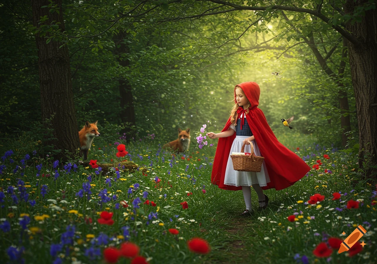 A young girl in a red riding hood cloak stands in a lush forest filled with colorful flowers, holding purple blossoms, with two foxes observing her from the background.