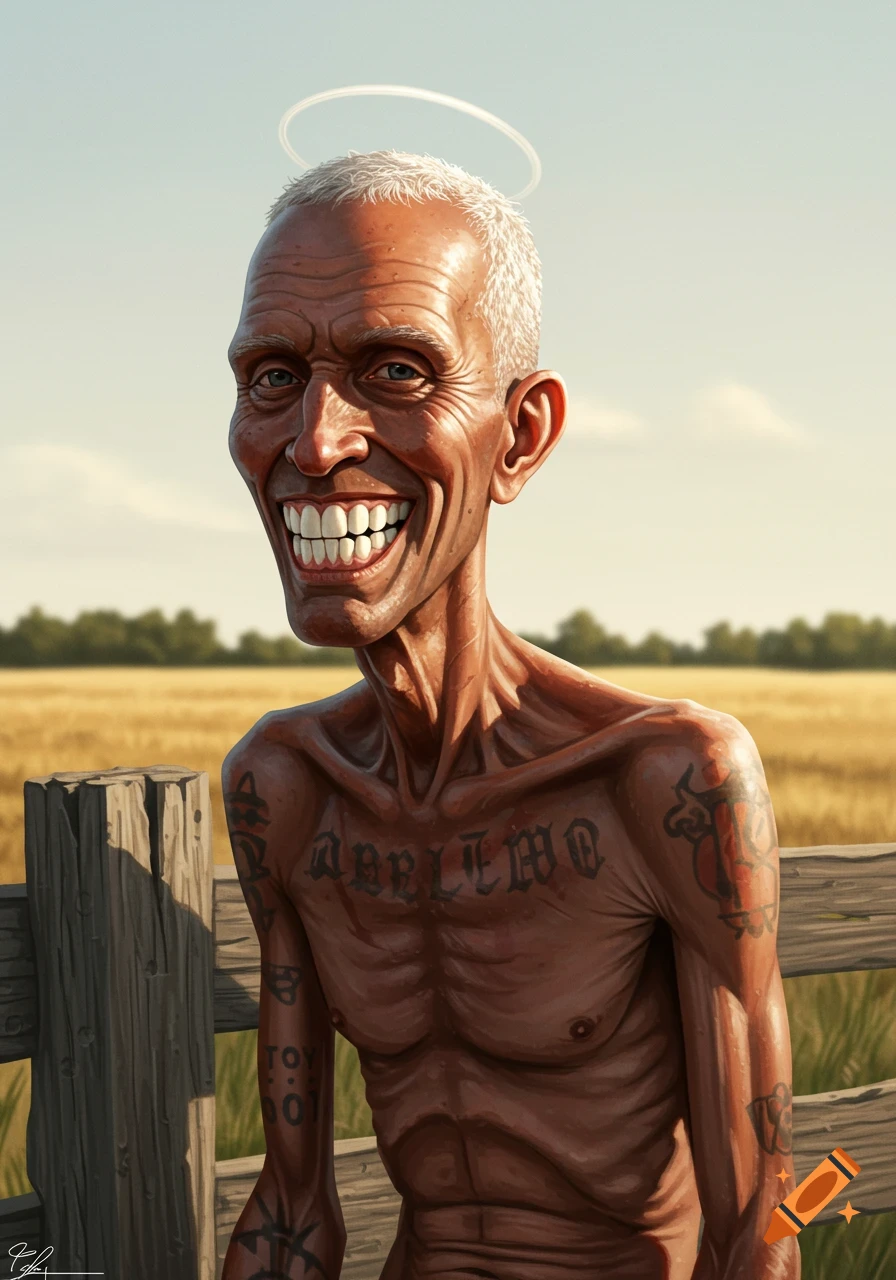 A smiling, very thin old man with white hair and large white teeth, wearing a halo, stands in a golden field next to a wooden fence. He has visible tattoos on his chest and arms, in a stylized illustration.