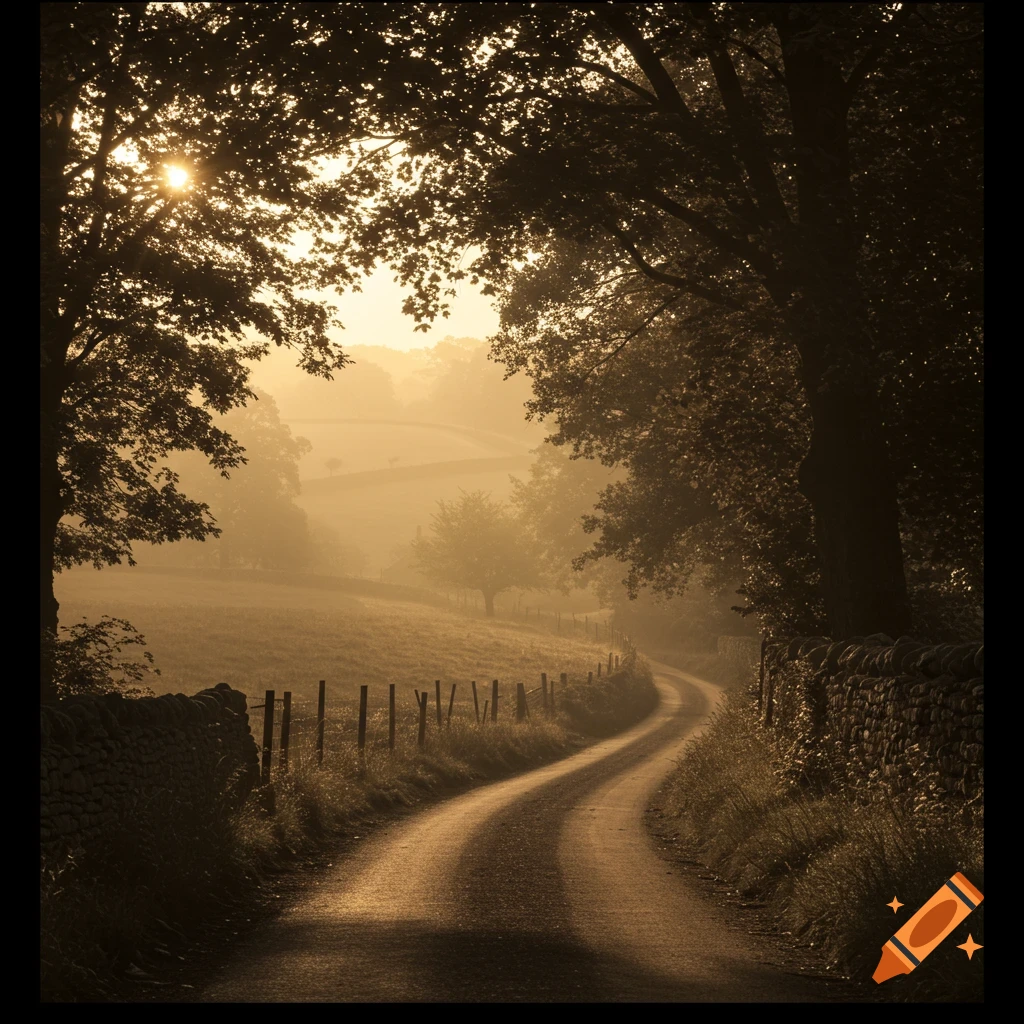 A winding dirt road bathed in warm, sepia-toned sunlight filtering through trees, leading through a misty, forested landscape.