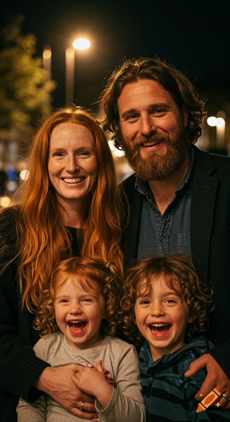 A smiling family of four, with two red-haired children, poses for a casual, slightly blurry night portrait under warm streetlights.