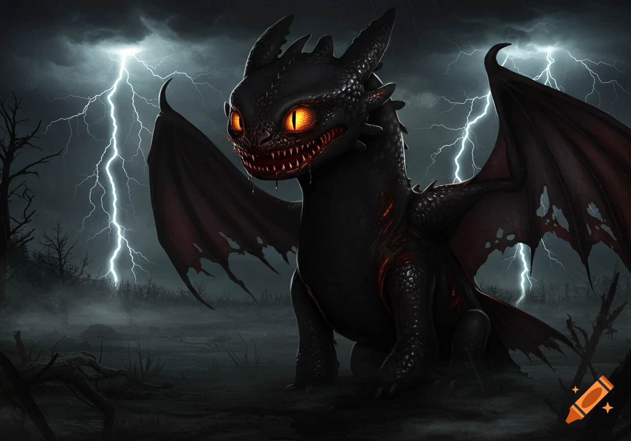 A mutated black dragon with glowing orange eyes and sharp teeth stands in a dark, misty, stormy landscape with lightning.