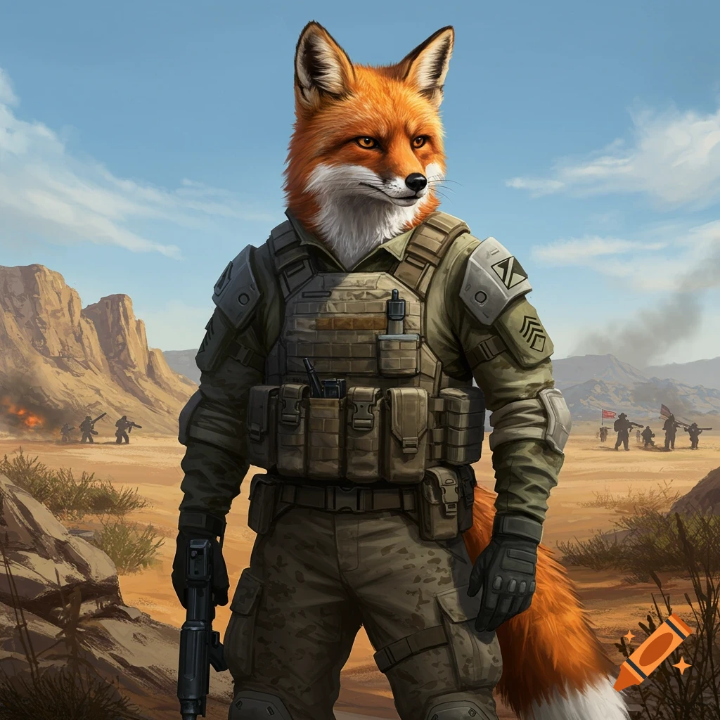 An anthropomorphic fox in full military combat gear stands in a desert landscape with distant soldiers and explosions.