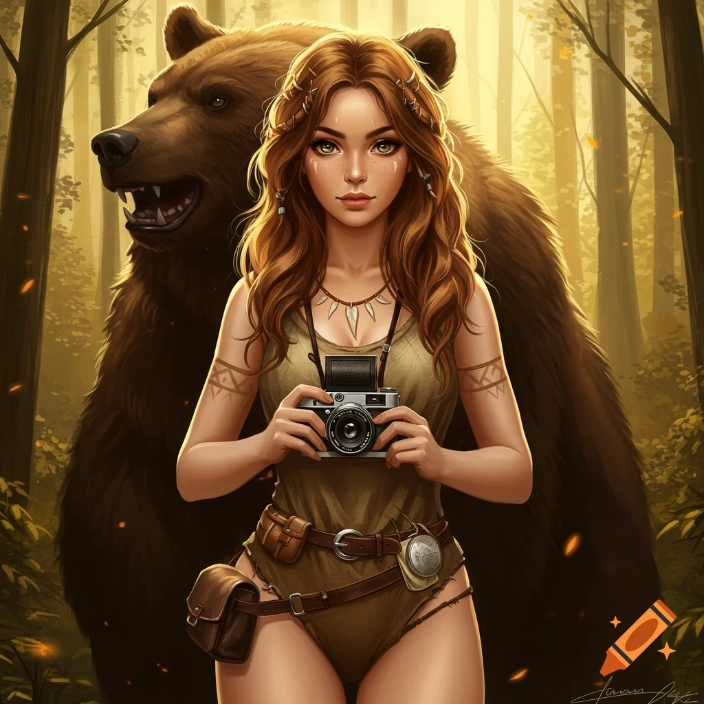 A stylized digital painting of a woman in a forest holding a camera with a brown bear behind her.
