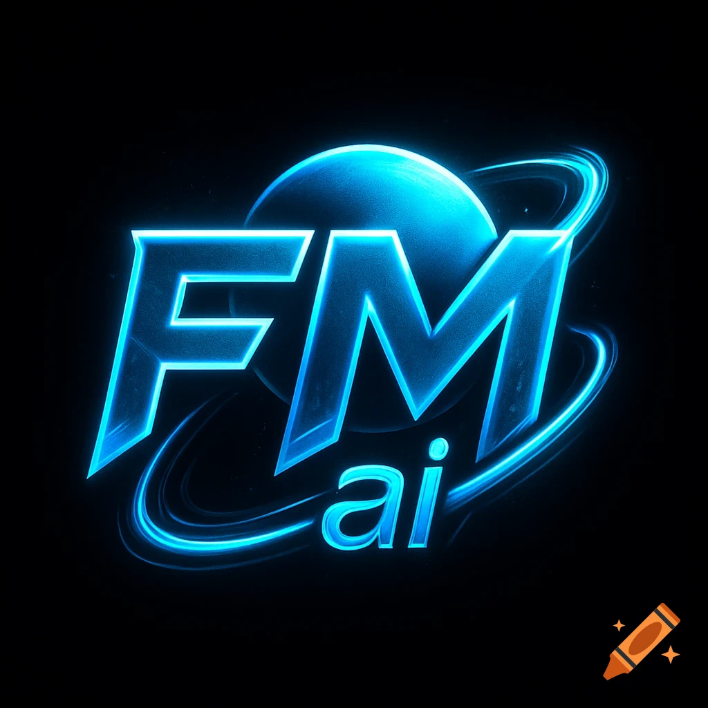 A futuristic blue neon logo featuring the letters 'FM' and 'ai' with a glowing planet and orbit rings on a black background.