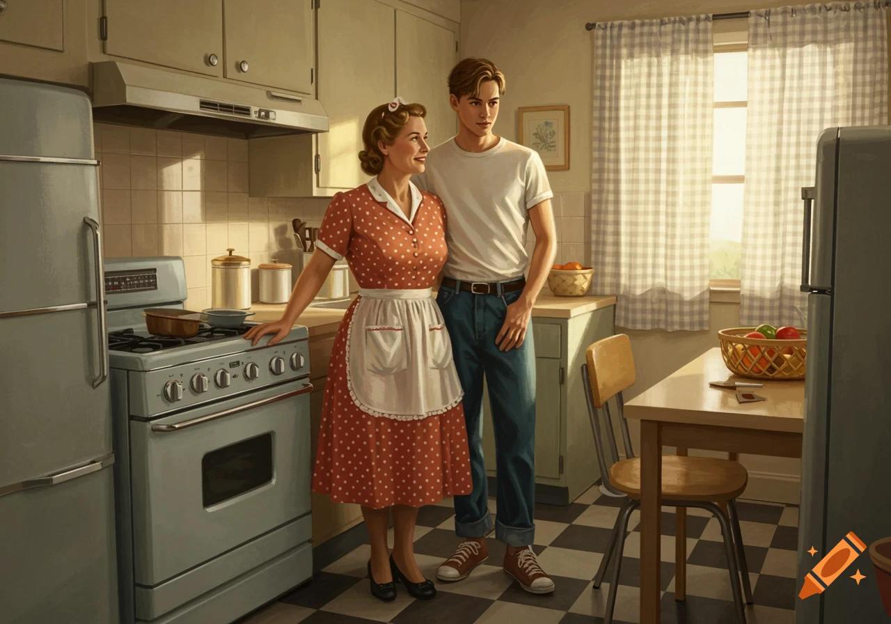 A woman in a polka dot dress and apron stands next to a young man in a white t-shirt and jeans in a vintage 1950s kitchen.