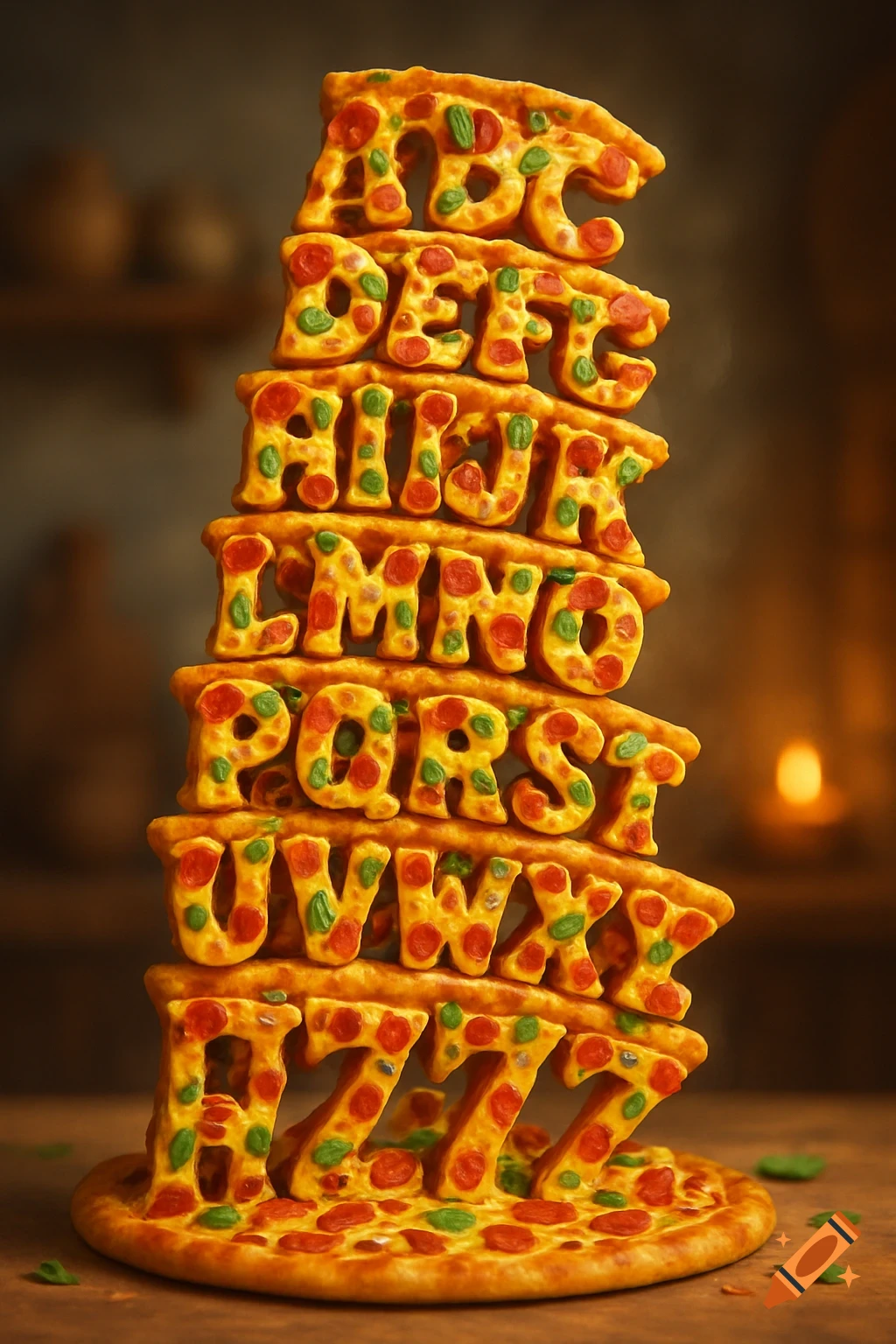 A tall tower made of pizza slices shaped into the letters of the alphabet, with pepperoni and green toppings, on a wooden surface.