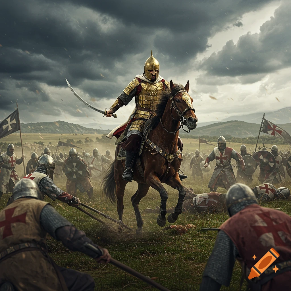 A dramatic battlefield scene with a golden-armored warrior on horseback leading a charge against soldiers under a stormy sky.