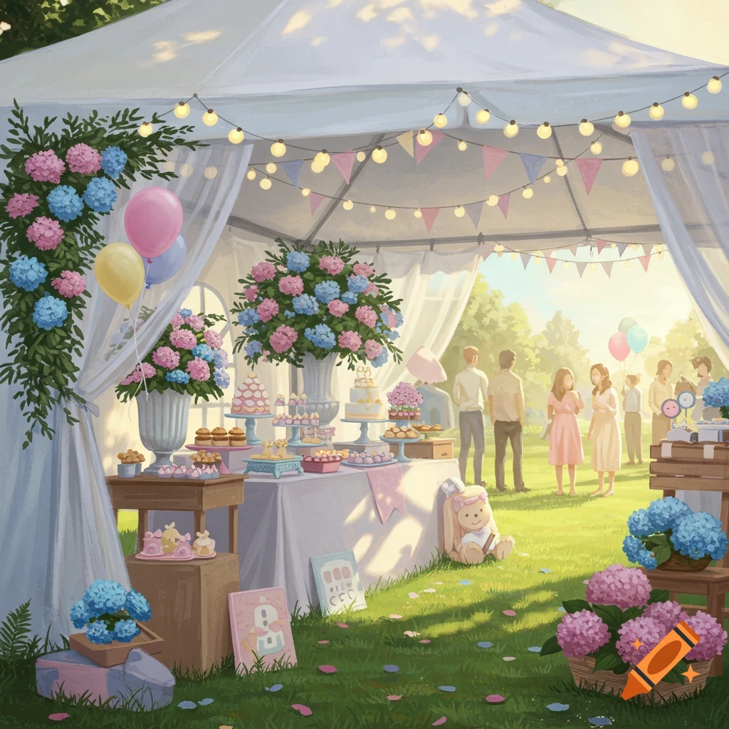 A vibrant baby shower scene under a white tent in a sunny park, with tables laden with desserts, flowers, and balloons. People are gathered in the background.