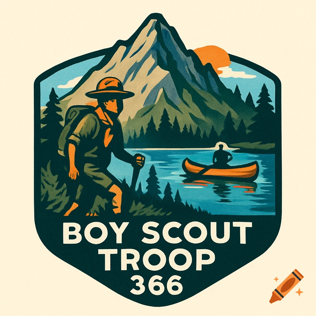 A stylized logo features a hiker with a pack, a person canoeing on a lake, and mountains under a setting sun, with text 'BOY SCOUT TROOP 366'.