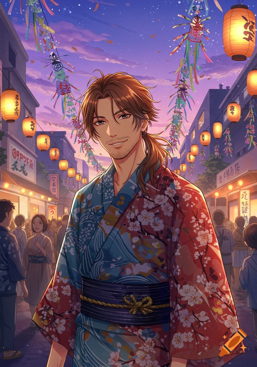 An adult Japanese man with brown hair and a beard, wearing a patterned yukata, smiles in a lively Tanabata festival street at twilight.