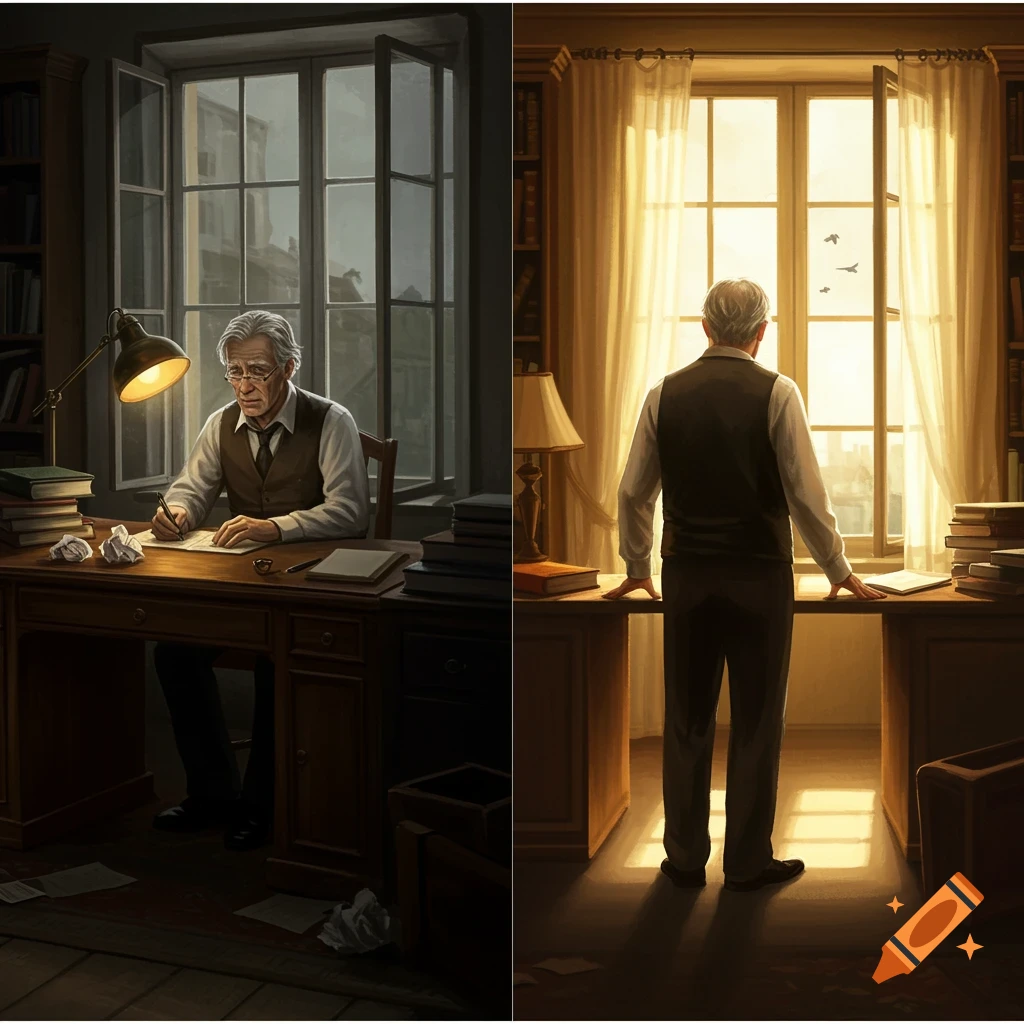 A split image shows an old man: on the left, he's stressed writing at a desk; on the right, he stands confidently looking out a sunlit window.