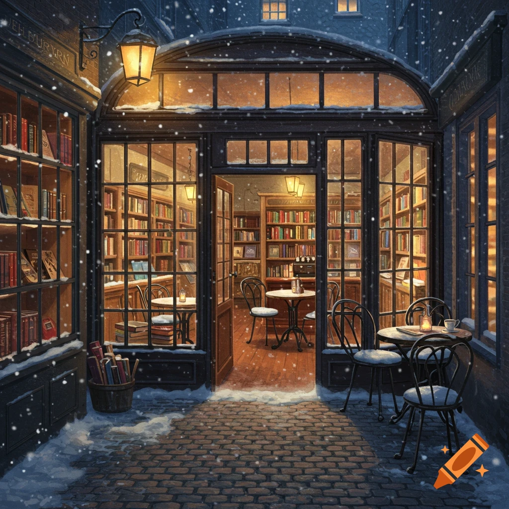 A cozy bookshop and coffee shop with warm lights seen from a snowy alleyway at dusk. Small tables and chairs sit outside.