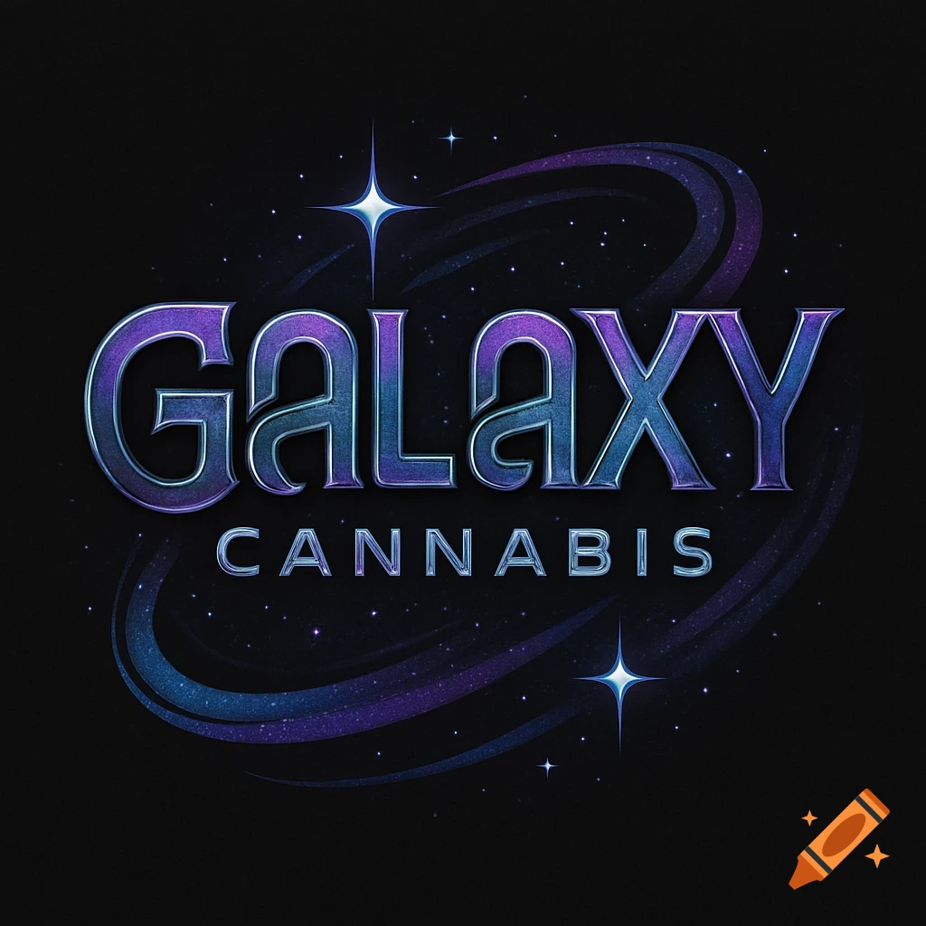 Logo for Galaxy Cannabis with stylized purple and blue metallic text 'Galaxy Cannabis' against a starry, dark space background.