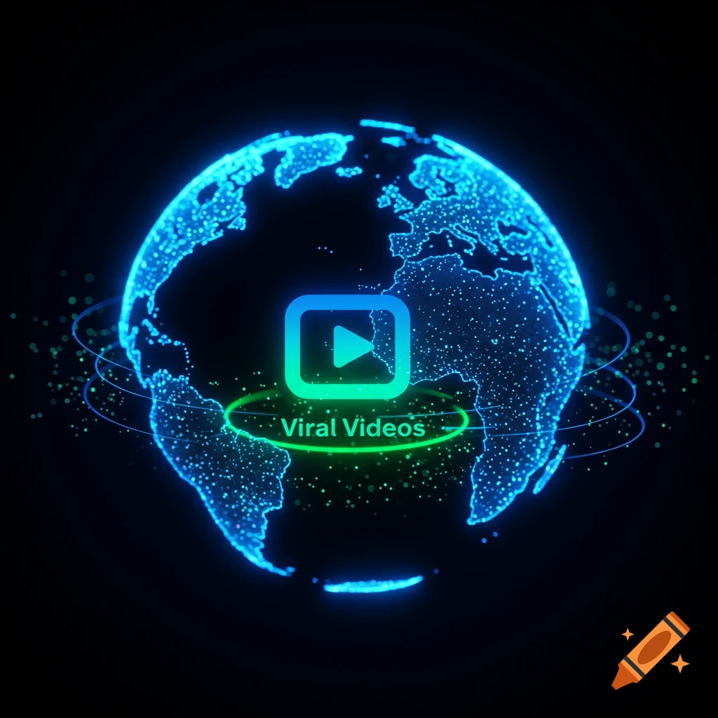 A glowing blue digital globe with a bright blue and green play button icon in the center and the words "Viral Videos" below, surrounded by green glowing particles.