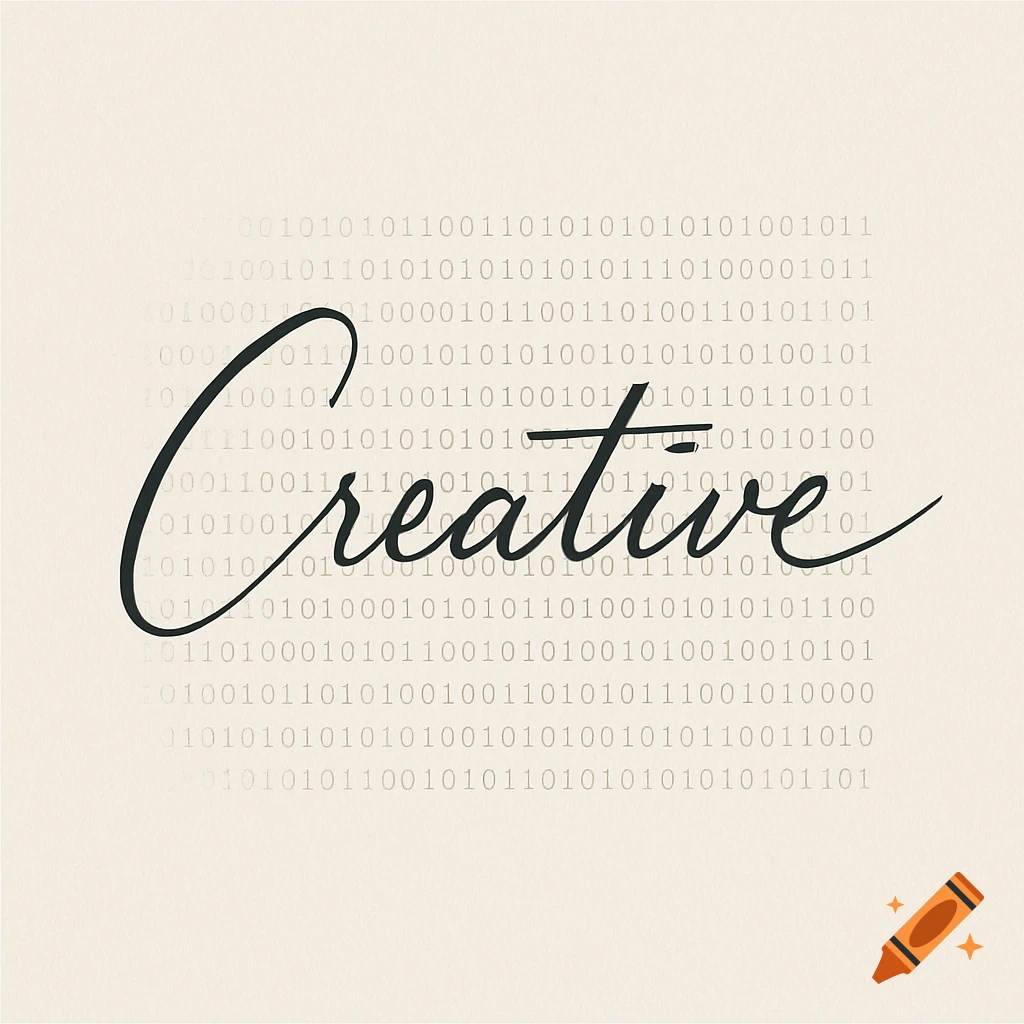 The word 'Creative' in black script over a background of subtle gray binary code on a beige canvas.