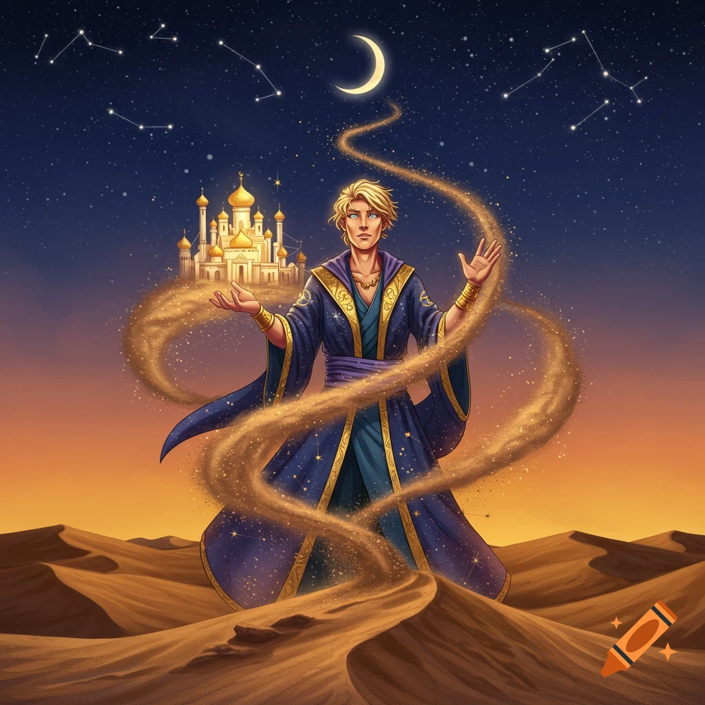 A blonde man in a blue magical robe conjures a golden palace and swirling sand in a desert under a starry, moonlit sky.