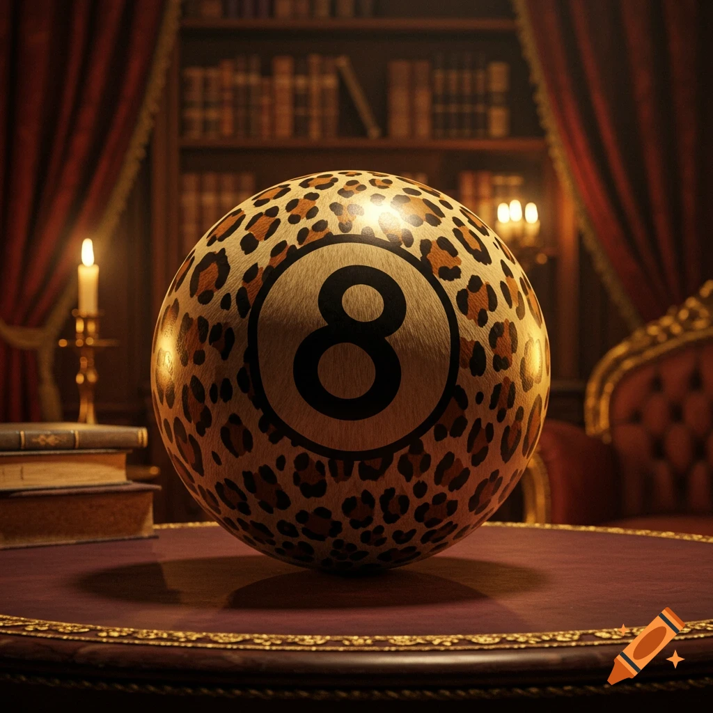 A photorealistic leopard print magic 8 ball resting on a wooden table in a dimly lit library.