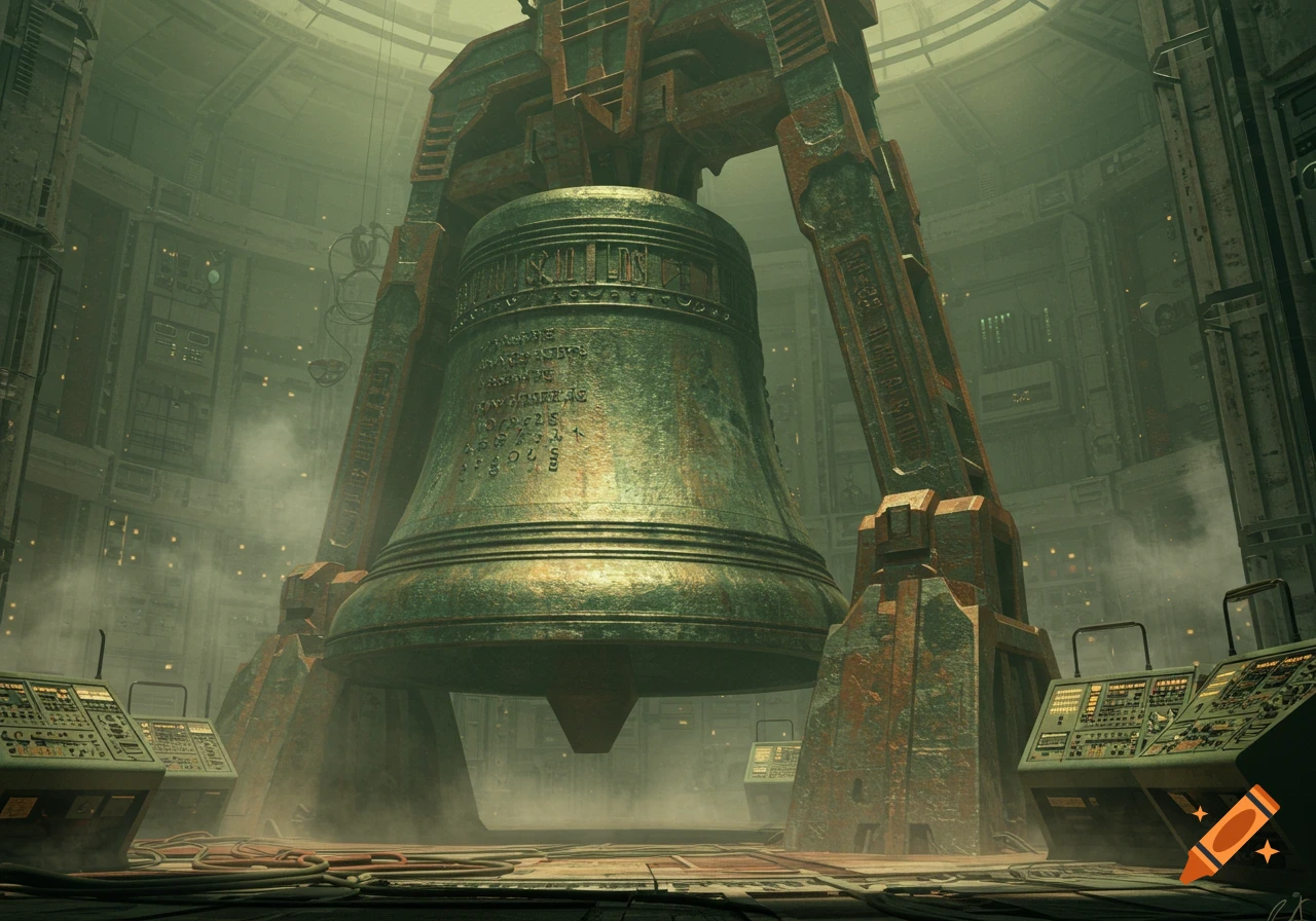 A massive, ancient-looking bronze bell stands in a large, misty, futuristic industrial complex, surrounded by control panels and machinery.