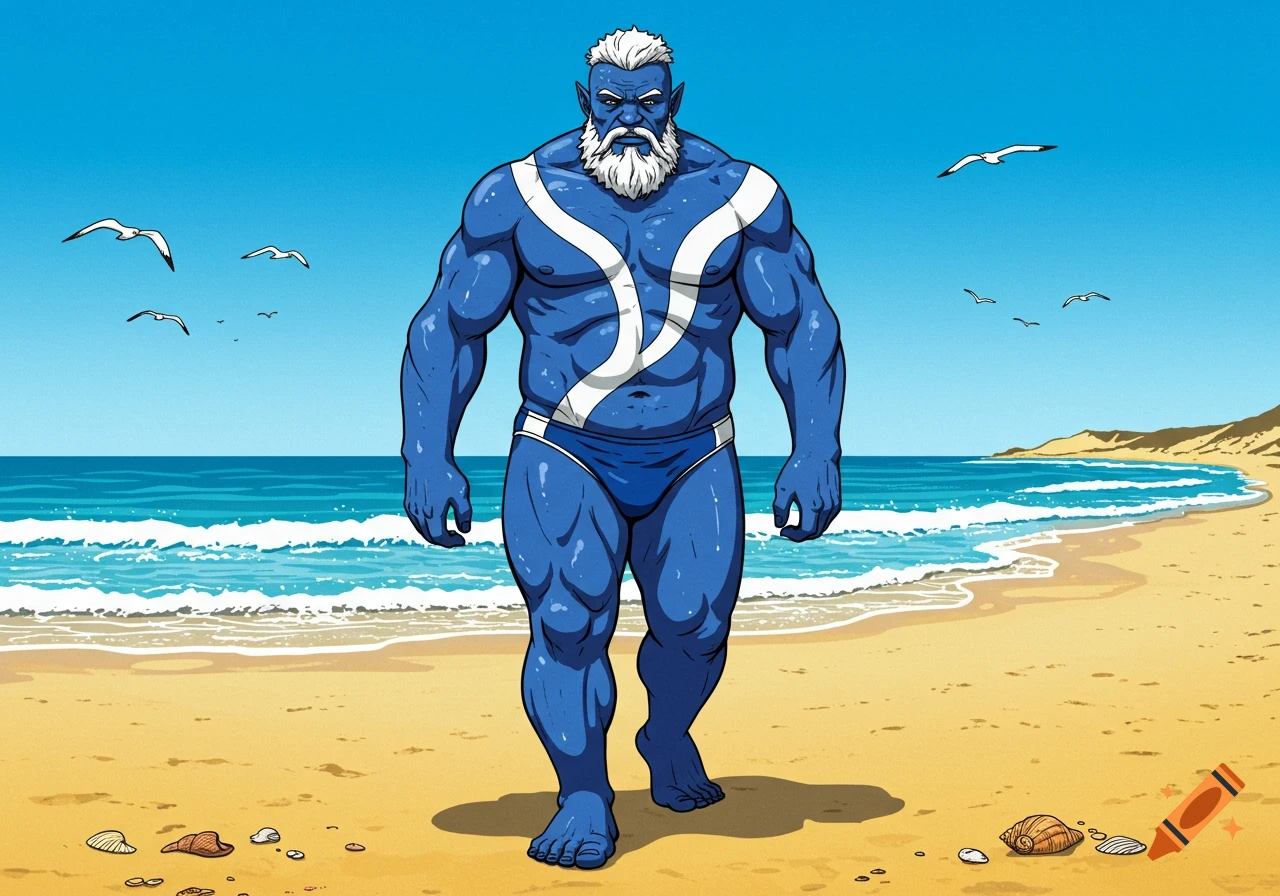 A muscular blue-skinned man with a white mohawk and beard, wearing a blue and white Speedo, walks on a sandy beach in a comic book style.