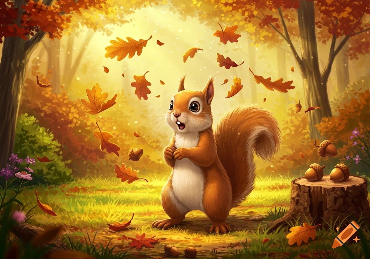 A cute cartoon squirrel with big eyes stands in a vibrant autumn forest with falling orange leaves and acorns around it.