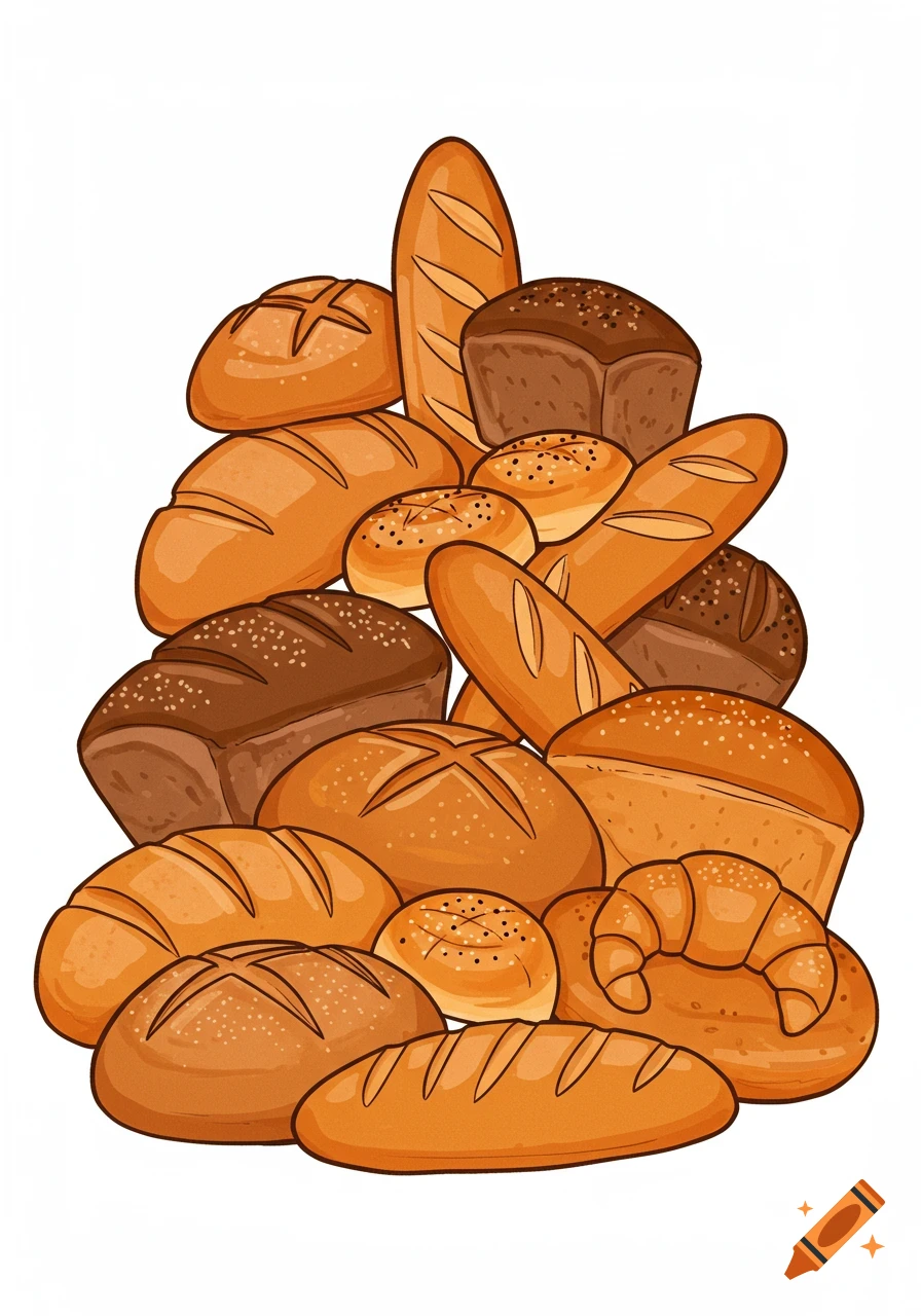 A cartoon illustration of a large pile of various types of bread, including loaves, baguettes, buns, and croissants, on a white background.