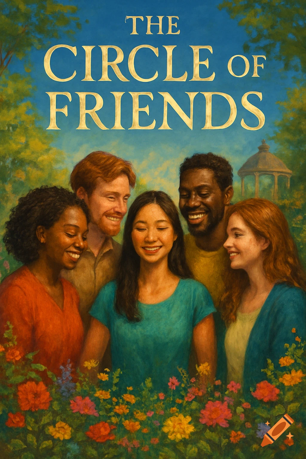 Oil painting illustration of five diverse friends smiling in a vibrant garden, with the title 'THE CIRCLE OF FRIENDS' at the top.