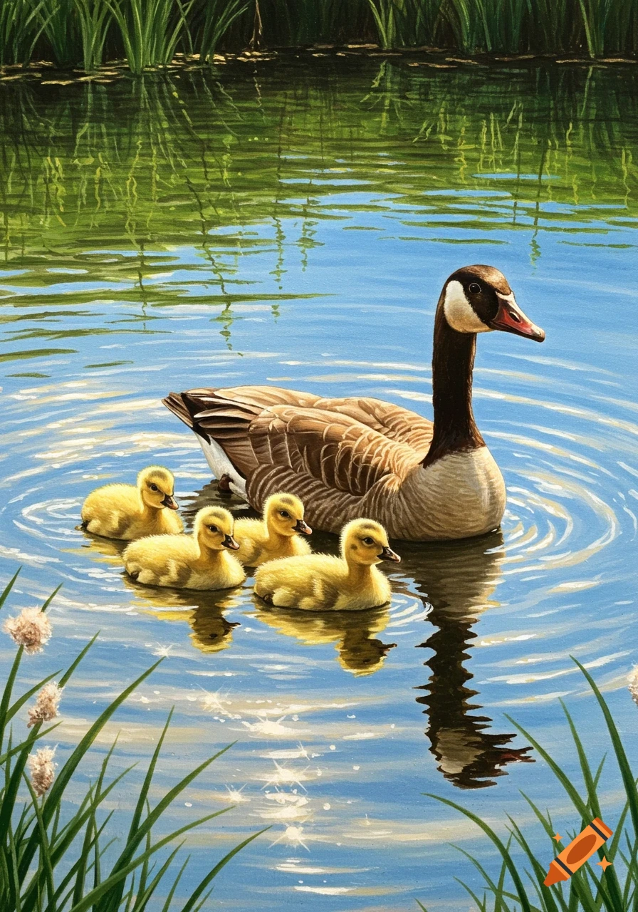 A mother goose swims with four yellow goslings in a bright blue pond, surrounded by green reeds.