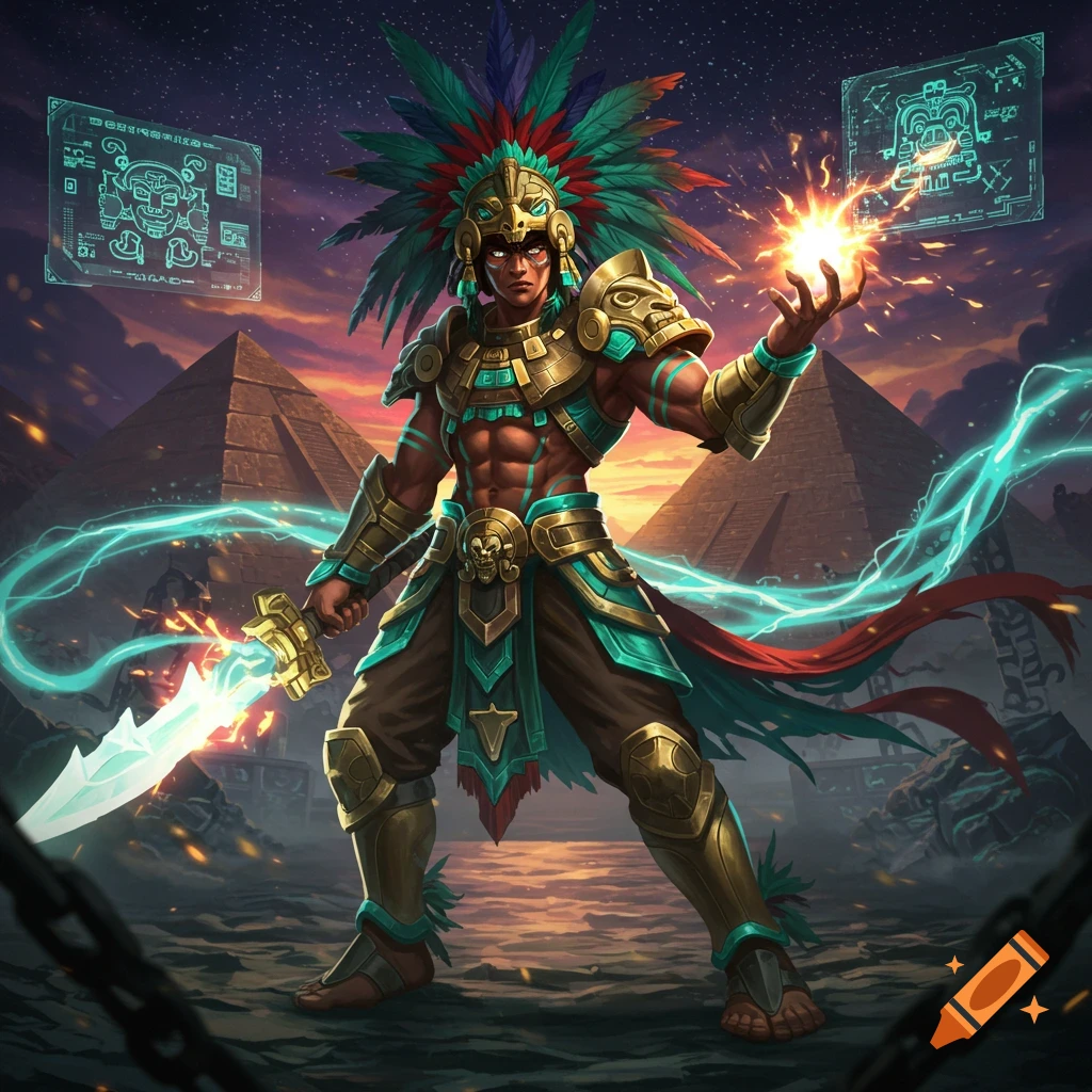 Vibrant fantasy art of an Aztec warrior with a feathered headdress, golden armor, a glowing sword, and magic, standing before pyramids.