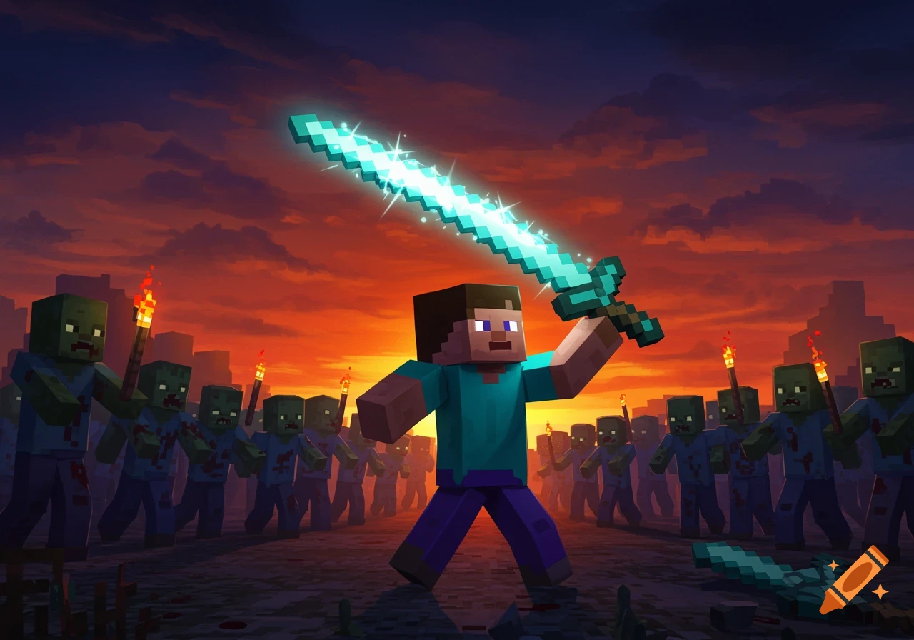 Minecraft Steve holds a glowing diamond sword against a horde of zombies under a dramatic sunset sky.