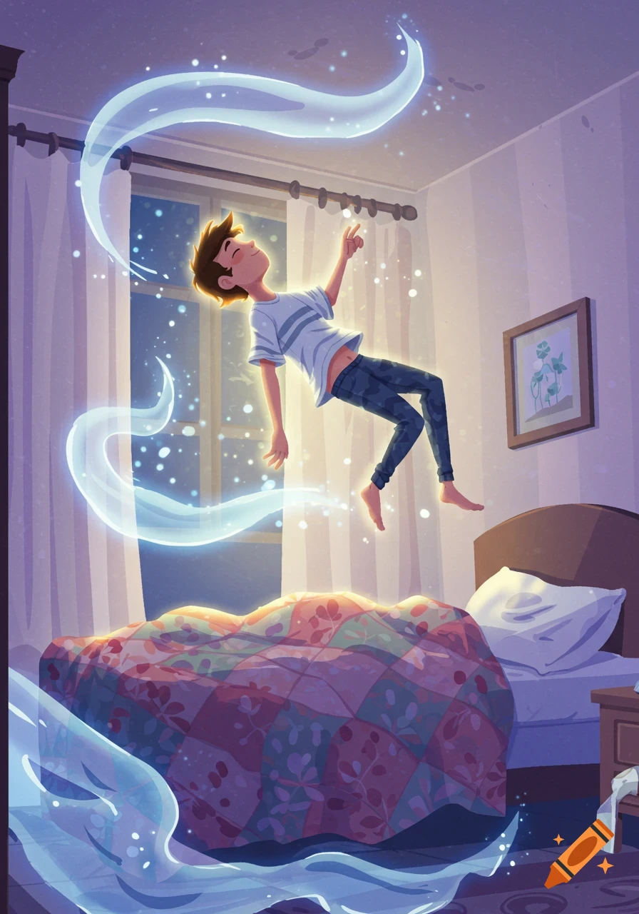A cartoon boy floats above his bed in a bedroom, surrounded by glowing blue light and sparkles.