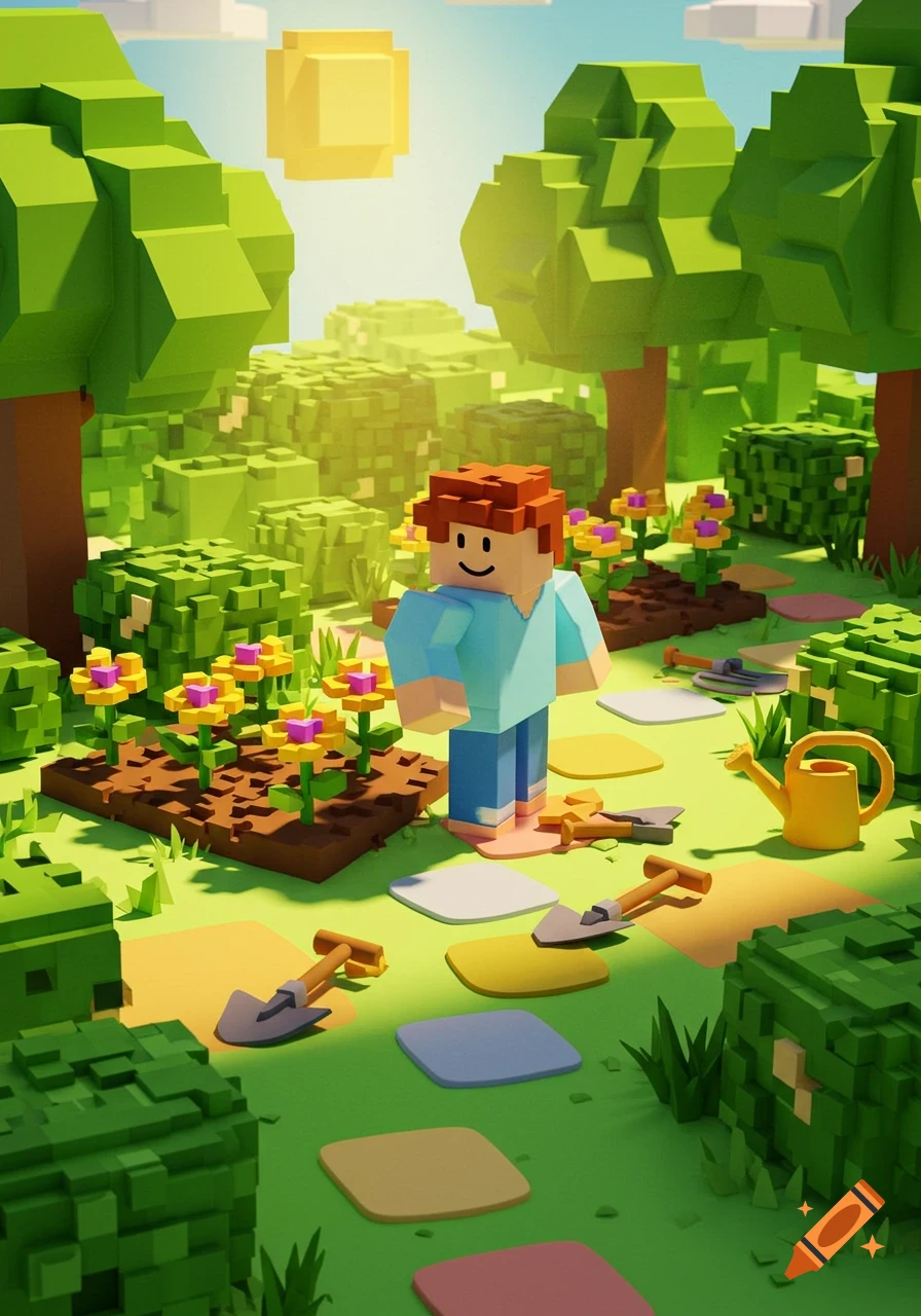 A blocky character with red hair and a blue shirt stands in a vibrant voxel-style garden with green trees, bushes, yellow flowers, and gardening tools. The scene is brightly lit by a square sun.