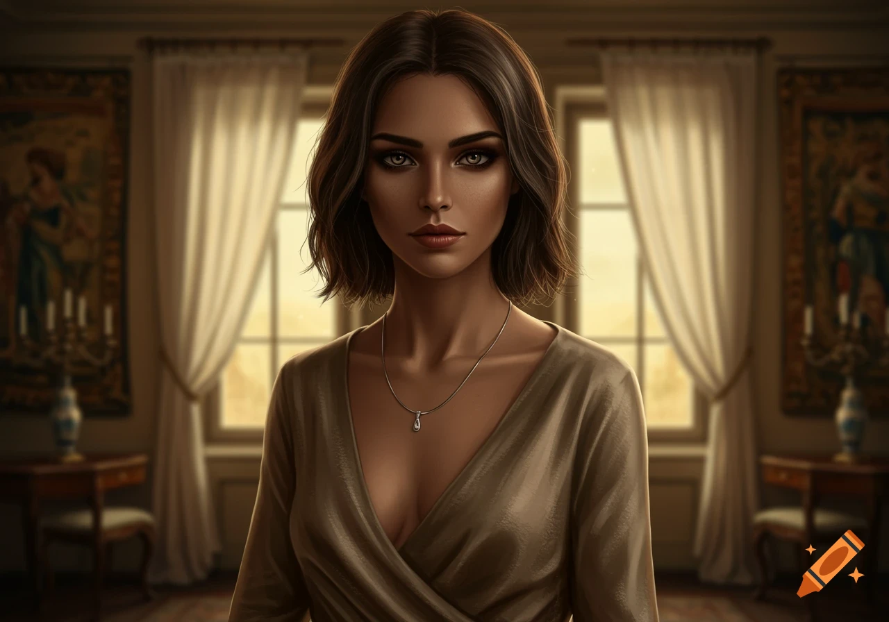 Photorealistic portrait of a woman with dark hair and striking eyes, wearing a brown dress, standing in an elegant room.