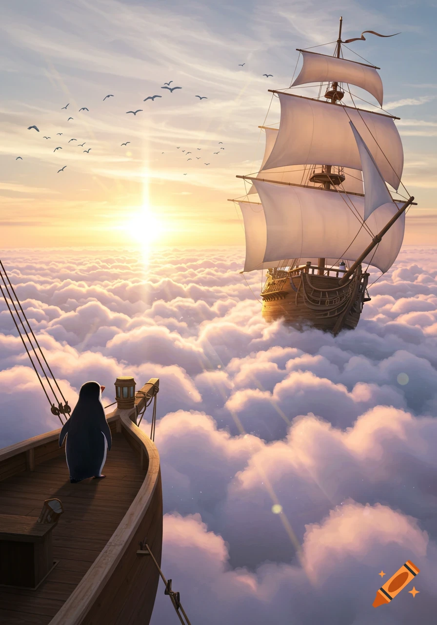 A penguin stands on the bow of a wooden ship sailing through a sea of fluffy clouds at sunset, with another ship ahead.