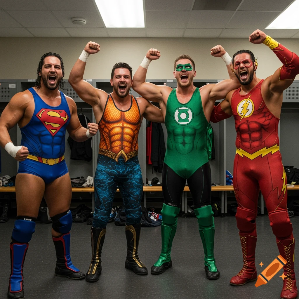 Four muscular men in superhero-themed wrestling singlets (Superman, Aquaman,  Green Lantern, The Flash) pose excitedly in a locker room, flexing their  arms. on Craiyon, image size:1024x1024