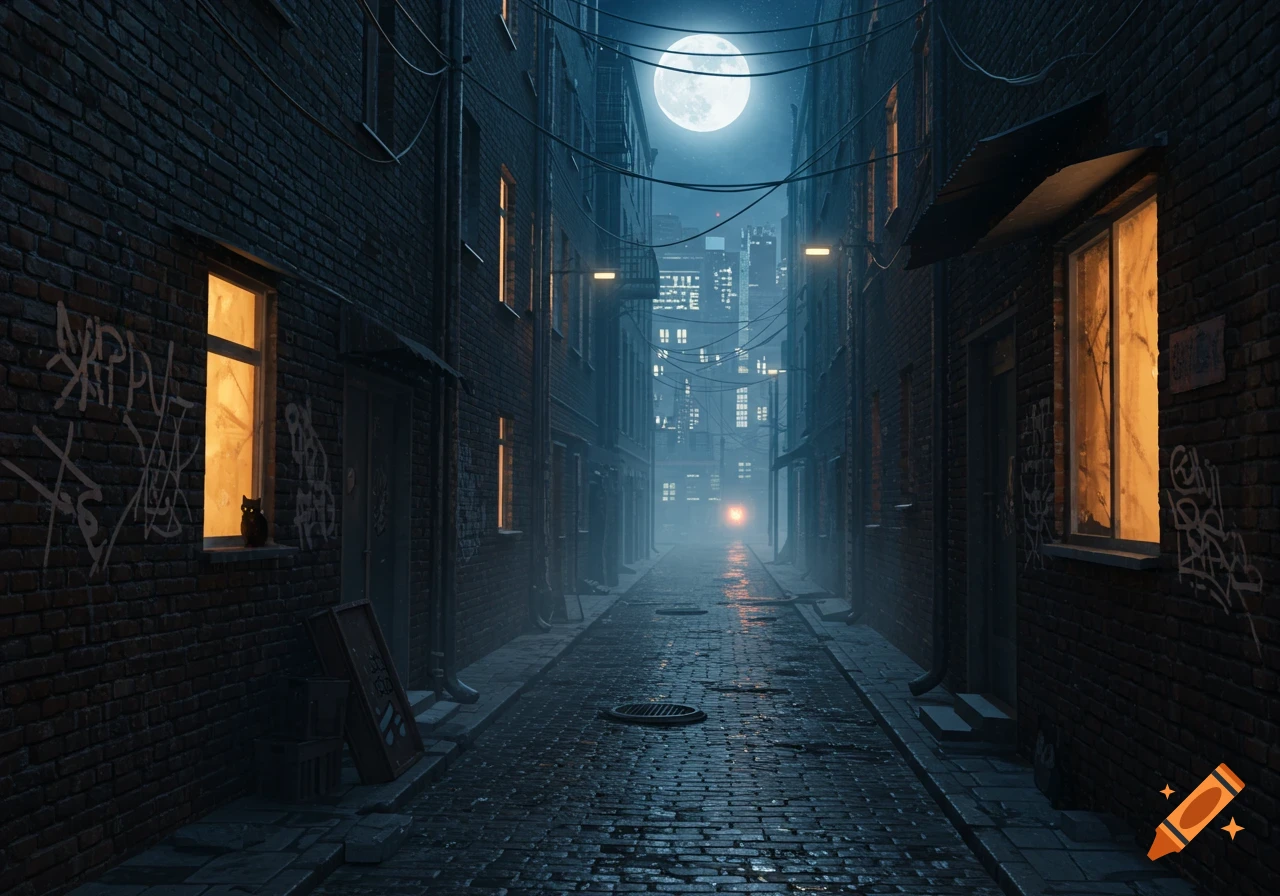 A dark, moody alleyway at night with glowing windows, wet cobblestones reflecting light, and a full moon overhead. A black cat sits on a windowsill.