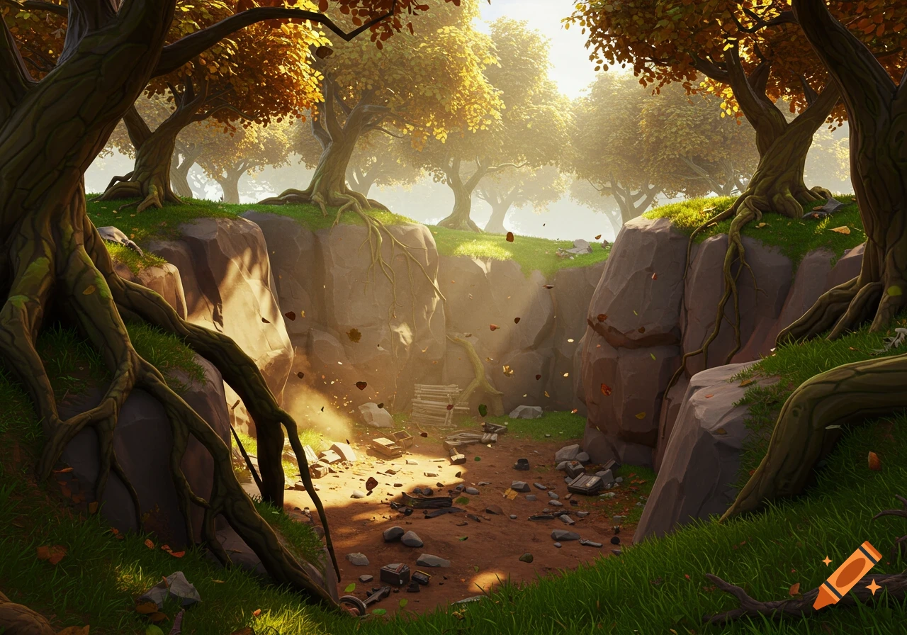 A realistic portrayal of Fortnite's Dusty Divot, showing a deep rocky crevice surrounded by large autumn trees with exposed roots, bathed in sunlight.