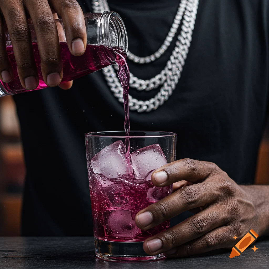 Dark-skinned hands pour vibrant purple liquid into a glass with ice, with diamond chains visible in the background.