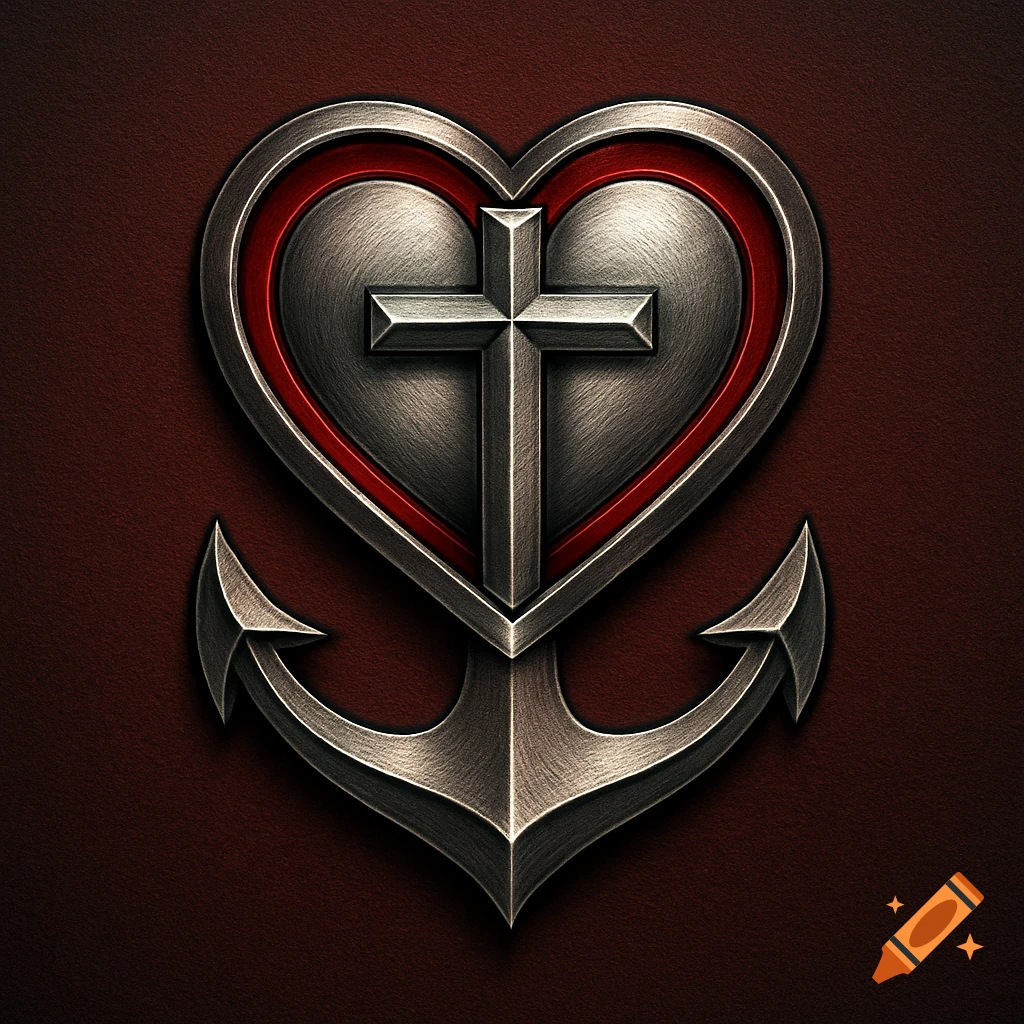 Metallic emblem of a cross within a heart on top of an anchor, against a dark red background.